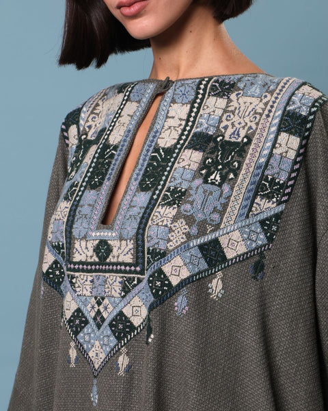 Grey Olive Traditional Palestinian Linen Thobe Ramallah Embroidery | تطريز رام الله