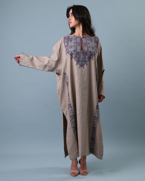 Blue Traditional Palestinian Linen Thobe Ramallah Embroidery | تطريز رام الله