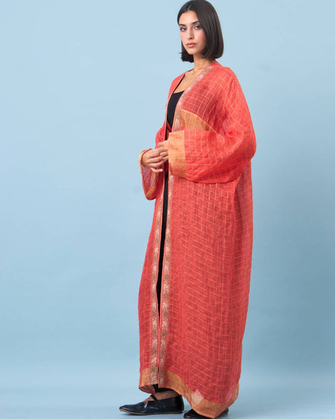 Zari Silk Long Sleeves Abaya-Red