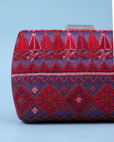 Purple Contrast Flat Silk Clutch- Gaza Embroidery | تطريز غزة
