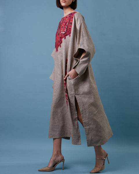 Traditional Palestinian Linen Thobe Ramallah Embroidery | تطريز رام الله
