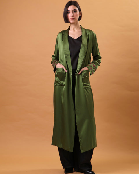 Green Silk Abaya Embroidered Sleeves Irq el Nafnouf | تطريز عرق النفنوف