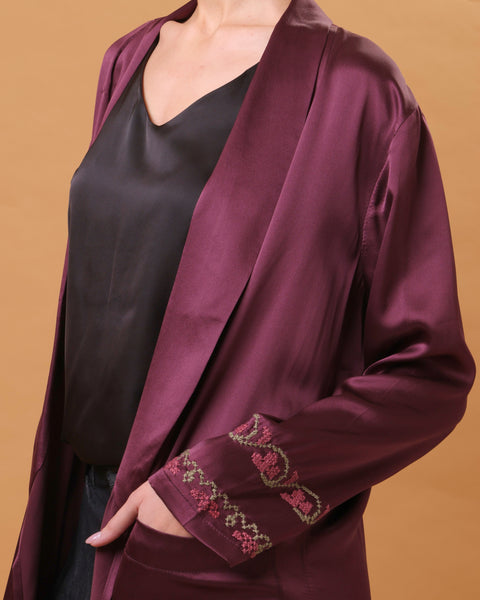 Purple Silk Abaya Embroidered Sleeves Irq el Nafnouf | تطريز عرق النفنوف