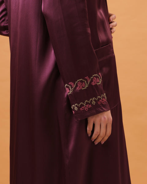 Purple Silk Abaya Embroidered Sleeves Irq el Nafnouf | تطريز عرق النفنوف