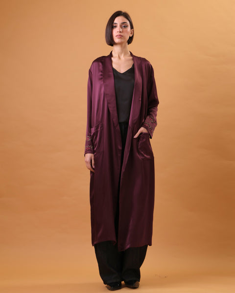 Purple Silk Abaya Embroidered Sleeves Irq el Nafnouf | تطريز عرق النفنوف
