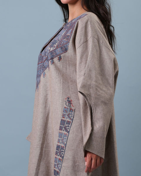 Blue Traditional Palestinian Linen Thobe Ramallah Embroidery | تطريز رام الله