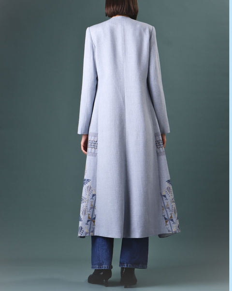 A Shape Straight Abaya Coat Blue- Gaza Embroidery | تطريز غزة