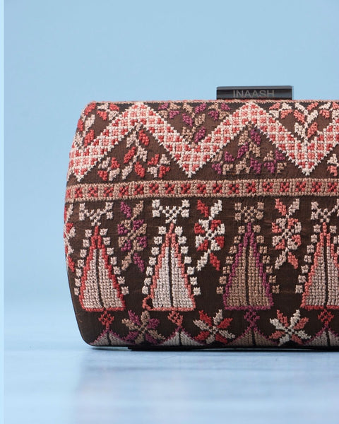 Flat Red Silk Clutch-Cypress Tree with Seeds and Mountains Jaffa | شجرة السرو مع البذور والجبال يافا