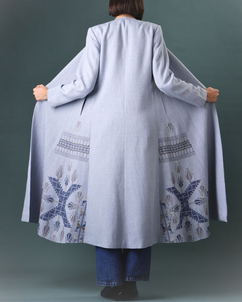 A Shape Straight Abaya Coat Blue- Gaza Embroidery | تطريز غزة