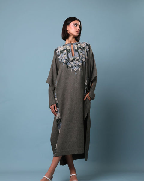 Grey Olive Traditional Palestinian Linen Thobe Ramallah Embroidery | تطريز رام الله