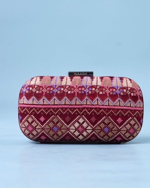 Box Red Silk Clutch- Gaza Embroidery | تطريز غزة