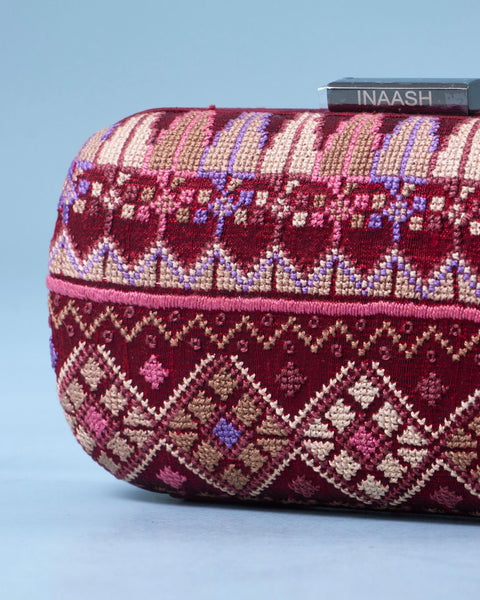 Box Red Silk Clutch- Gaza Embroidery | تطريز غزة