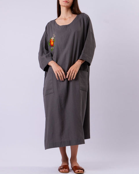 Dark Linen Dress-Oranges of Yafa | برتقال يافا