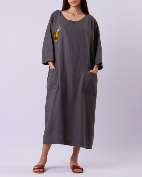 Dark Linen Dress-Oranges of Yafa | برتقال يافا