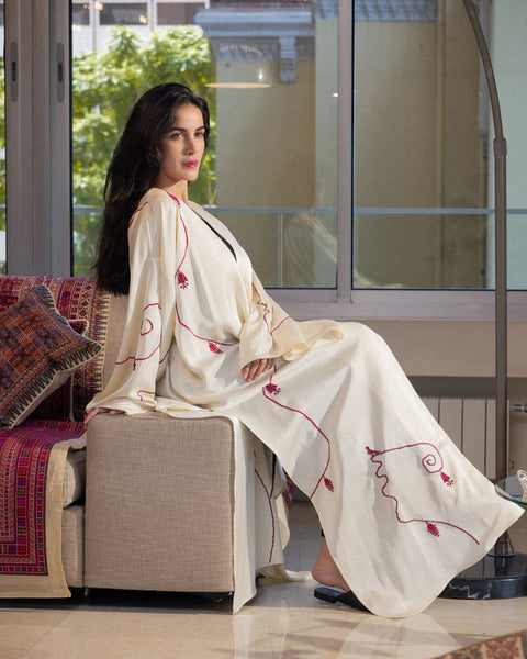 Satin Kaftan - Lily, Cypress Tree of Ramallah, and Pigeon | زنبقة، وشجرة السرو في رام الله، وحمامة