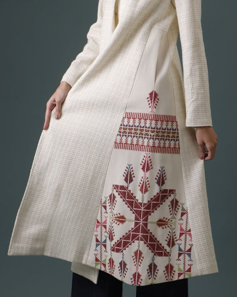 A Shape Straight Abaya Coat Red- Gaza Embroidery | تطريز غزة