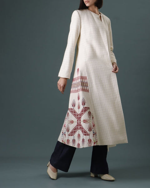 A Shape Straight Abaya Coat Red- Gaza Embroidery | تطريز غزة