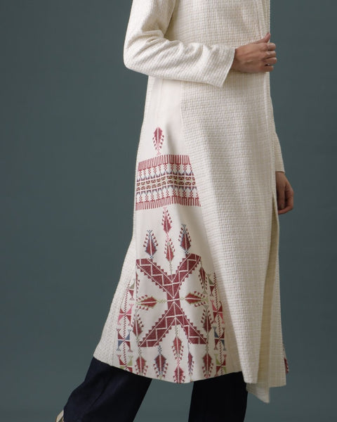 A Shape Straight Abaya Coat Red- Gaza Embroidery | تطريز غزة