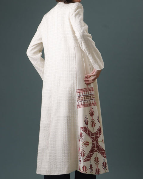 A Shape Straight Abaya Coat Red- Gaza Embroidery | تطريز غزة