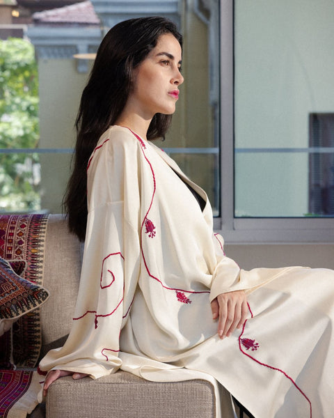 Satin Kaftan - Lily, Cypress Tree of Ramallah, and Pigeon | زنبقة، وشجرة السرو في رام الله، وحمامة