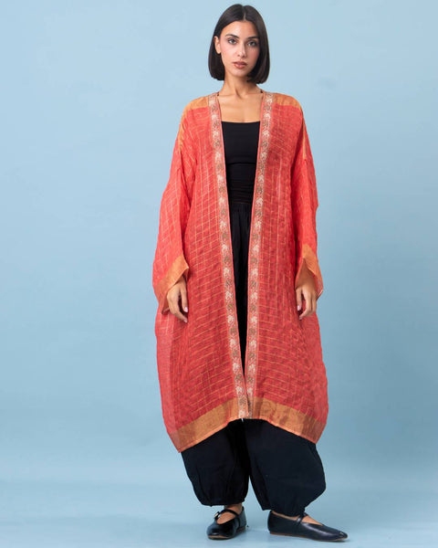 Zari Silk Long Sleeves Half Abaya-Red