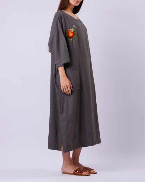Dark Linen Dress-Oranges of Yafa | برتقال يافا