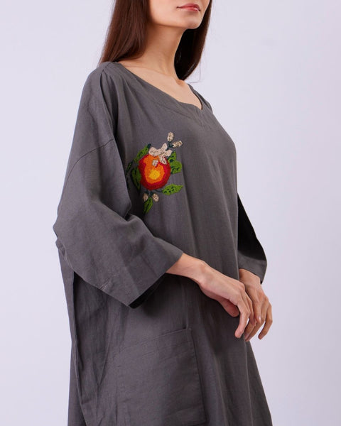 Dark Linen Dress-Oranges of Yafa | برتقال يافا
