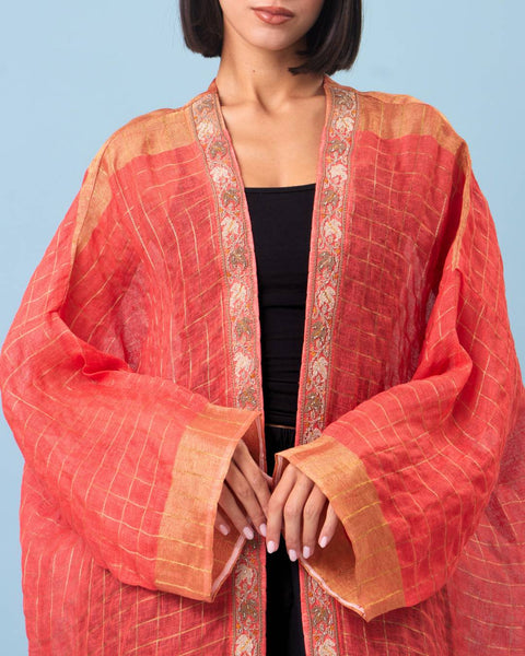 Zari Silk Long Sleeves Half Abaya-Red