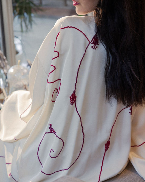 Satin Kaftan - Lily, Cypress Tree of Ramallah, and Pigeon | زنبقة، وشجرة السرو في رام الله، وحمامة