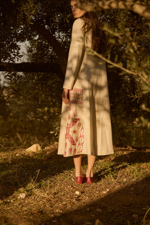 A Shape Straight Abaya Coat Red- Gaza Embroidery | تطريز غزة