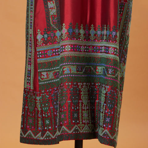 Red Green Silk Palestinian Thobe- Yafa Embroidery | تطريز يافا