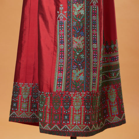 Red Green Silk Palestinian Thobe- Yafa Embroidery | تطريز يافا
