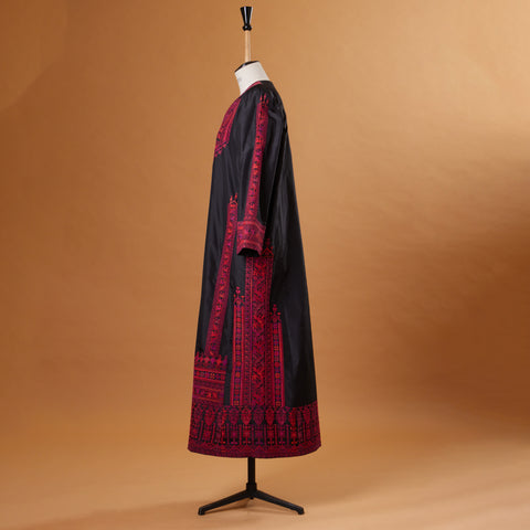 Black Silk Palestinian Thobe- Yafa Embroidery | تطريز يافا