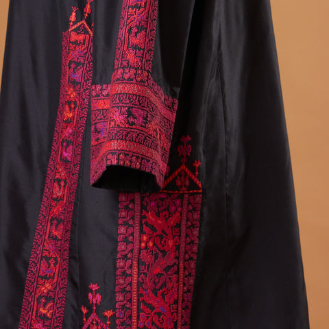 Black Silk Palestinian Thobe- Yafa Embroidery | تطريز يافا