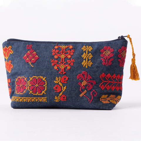 Denim Pouch-Orange & Red Flowers