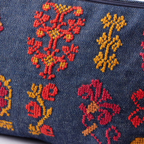 Denim Pouch-Orange & Red Flowers