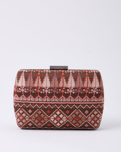 Brown Flat Silk Clutch- Gaza Embroidery | تطريز غزة