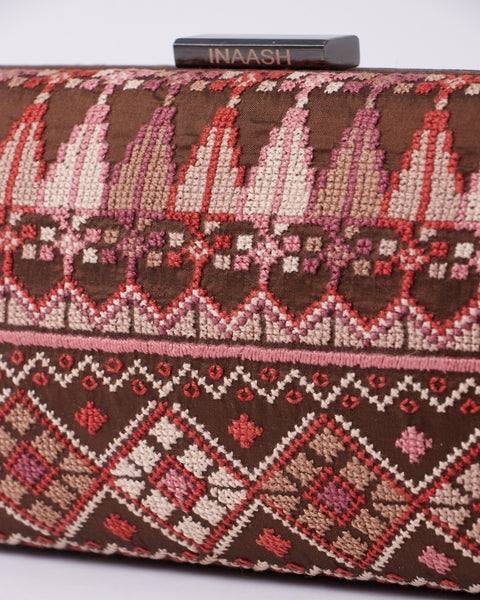 Brown Flat Silk Clutch- Gaza Embroidery | تطريز غزة
