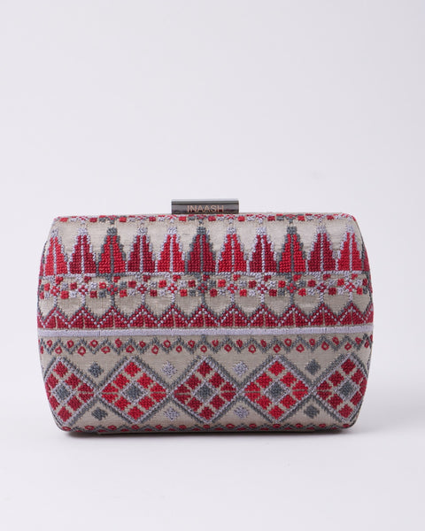Silver Flat Silk Clutch- Gaza Embroidery | تطريز غزة