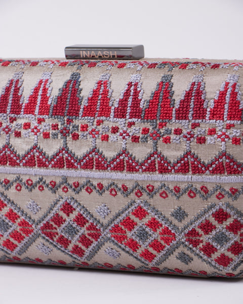 Silver Flat Silk Clutch- Gaza Embroidery | تطريز غزة